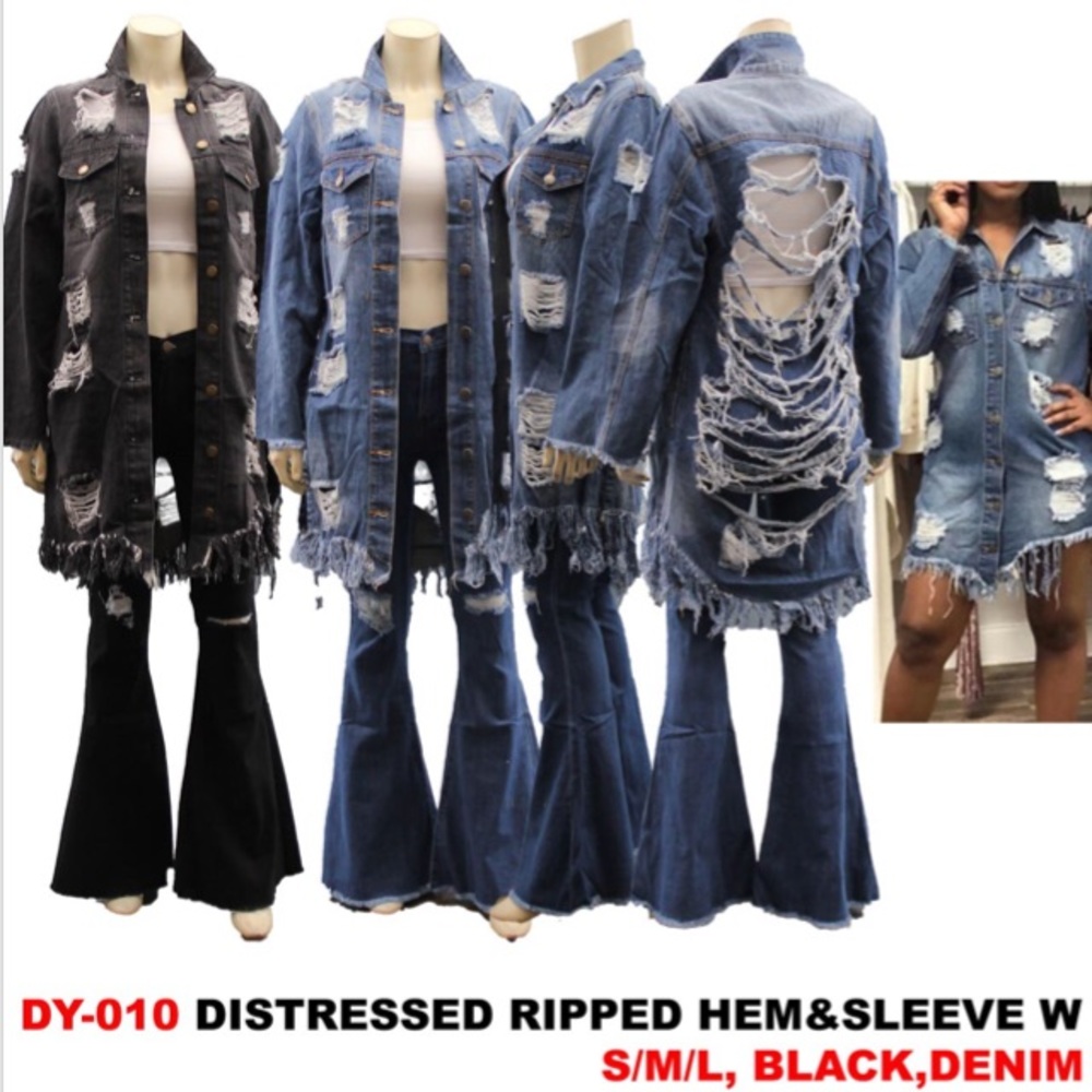 Distressed Long Blue Jean Jacket Size S, M, & L